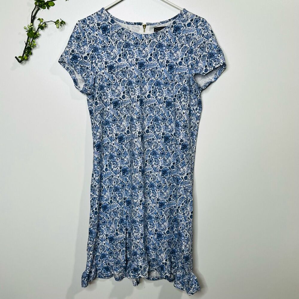 Duffield Lane Blue White Floral Dress Ruffle Hem